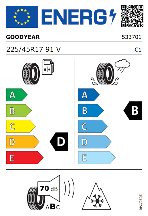 Tyre Label for Goodyear Vector 4Seasons Gen-1 225/45R17 91V