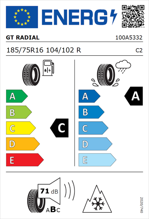 Tyre Label for GT Radial Maxmiler WT3 185/75R16 104/102R